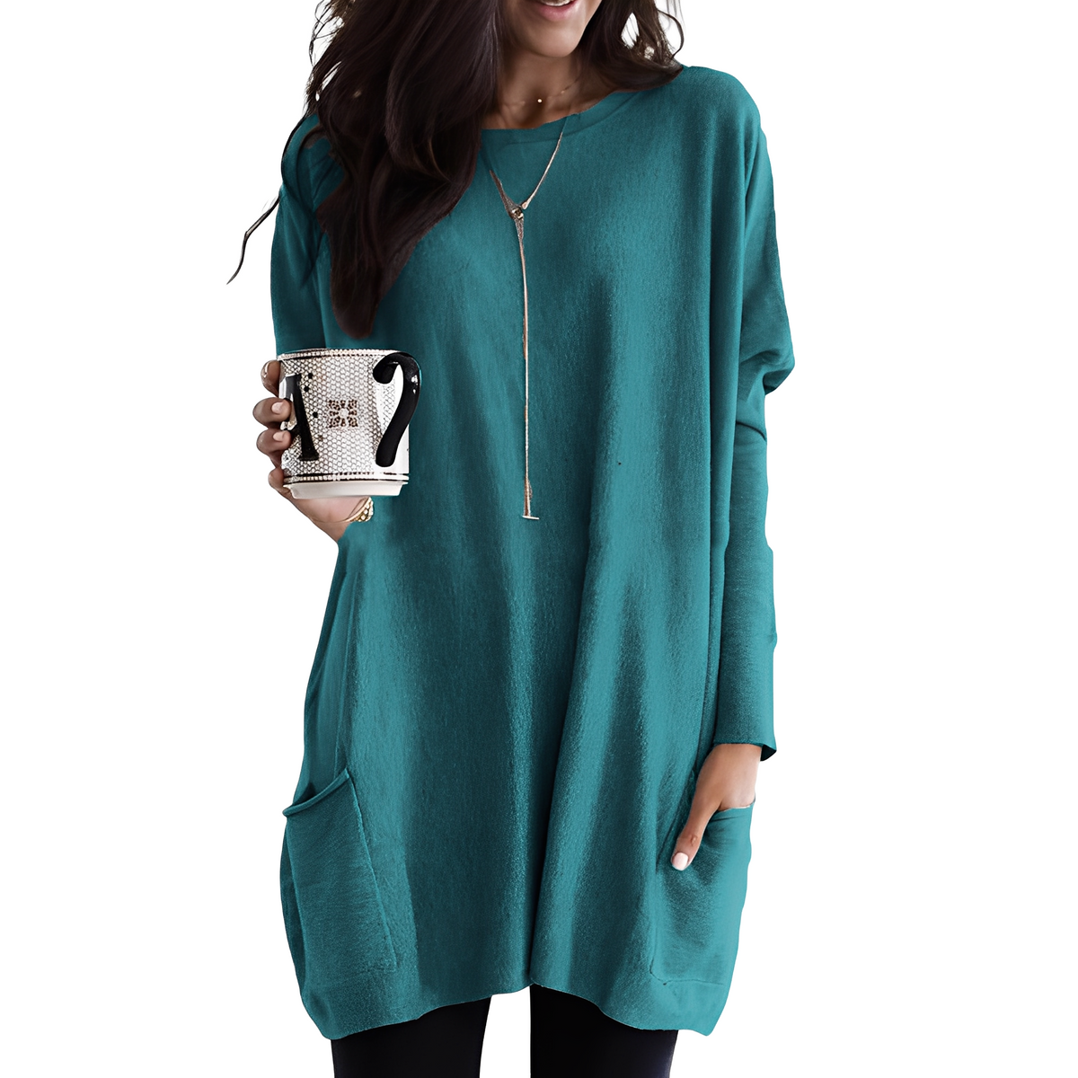 Ryann - Langer und bequemer Damenpullover mit Taschen