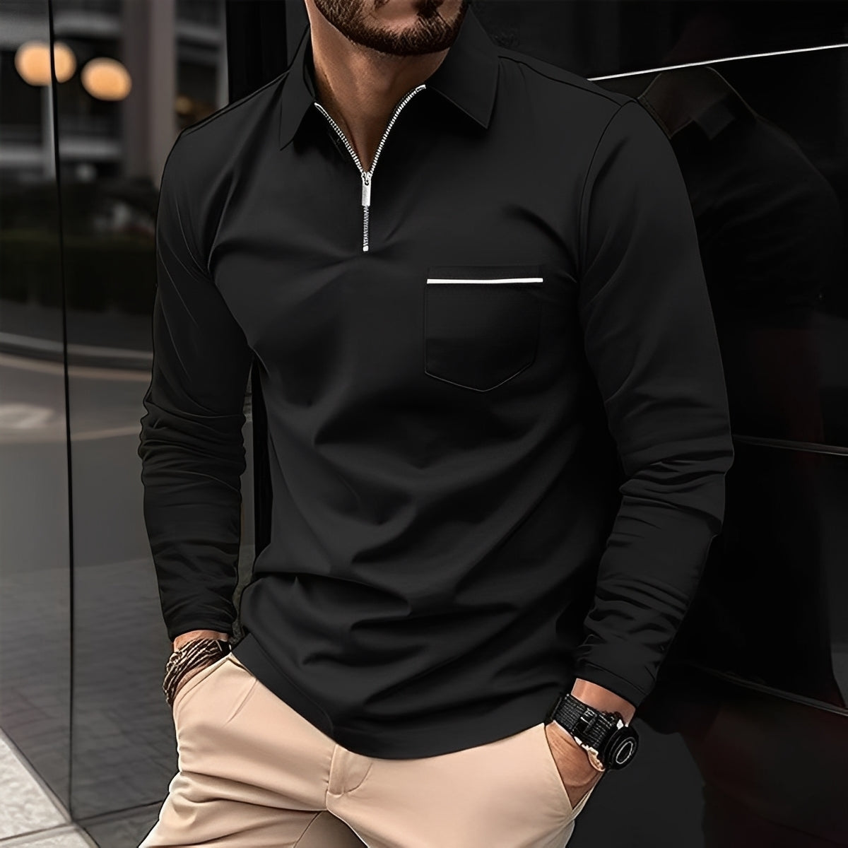 Florent - Langarm-Polohemd für Herren mit Reißverschluss