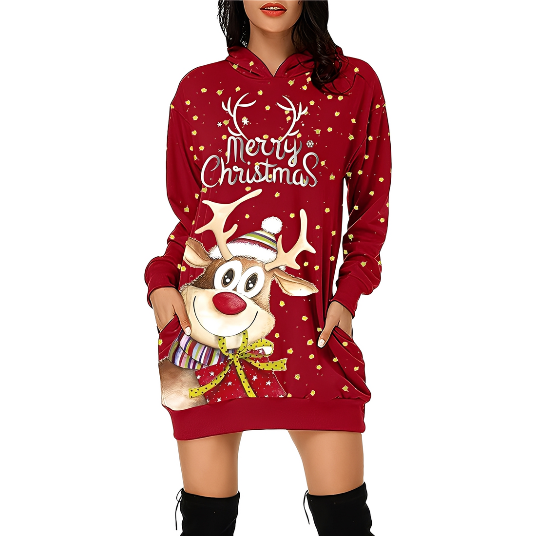 Georgia - Elegantes Weihnachtskapuzenkleid für Damen mit Aufdruck