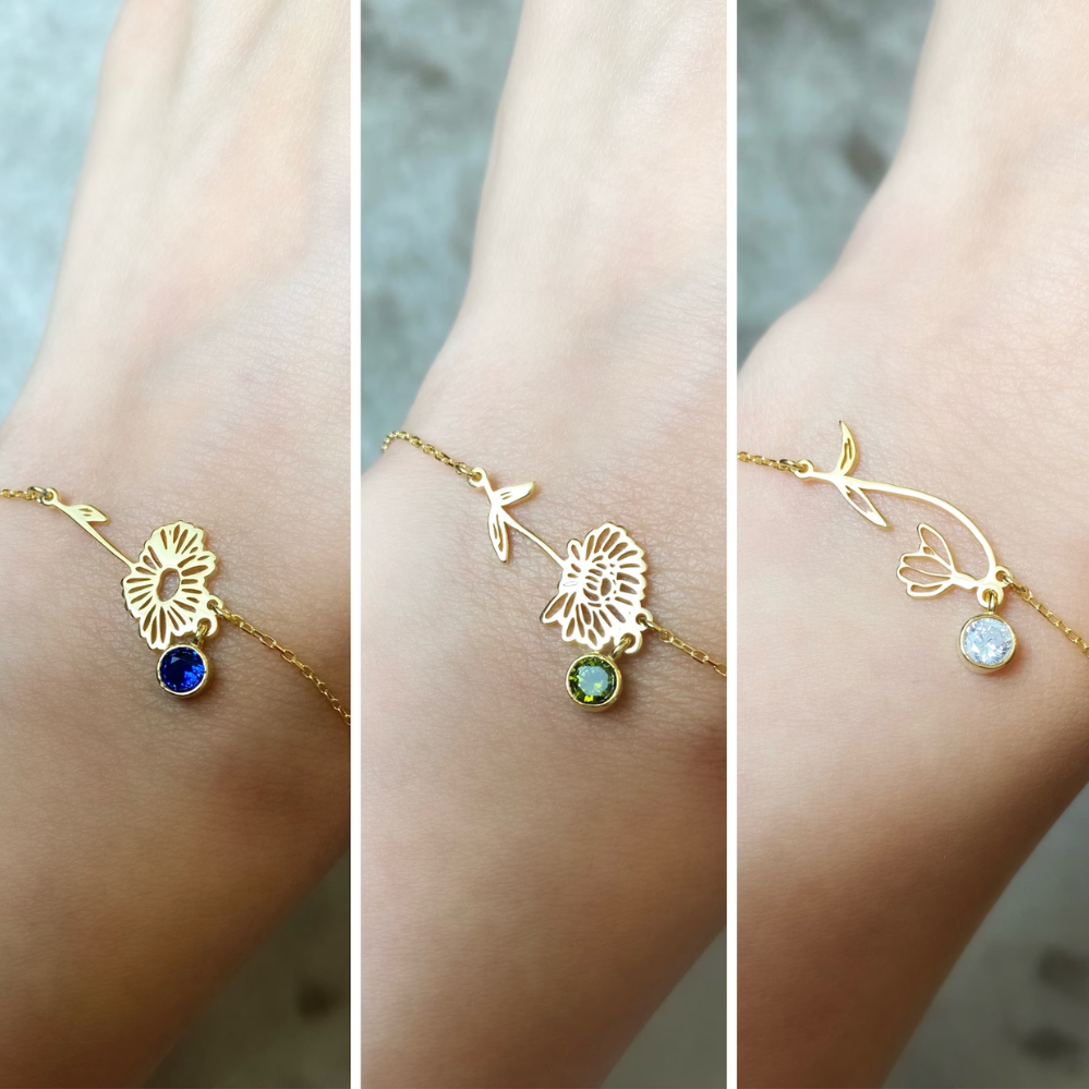 Armband mit Geburtsstein und Blumenmotiv