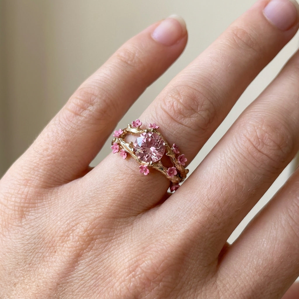 Elina – Bezaubernder Ring mit rosafarbenem Akzent und Blumen
