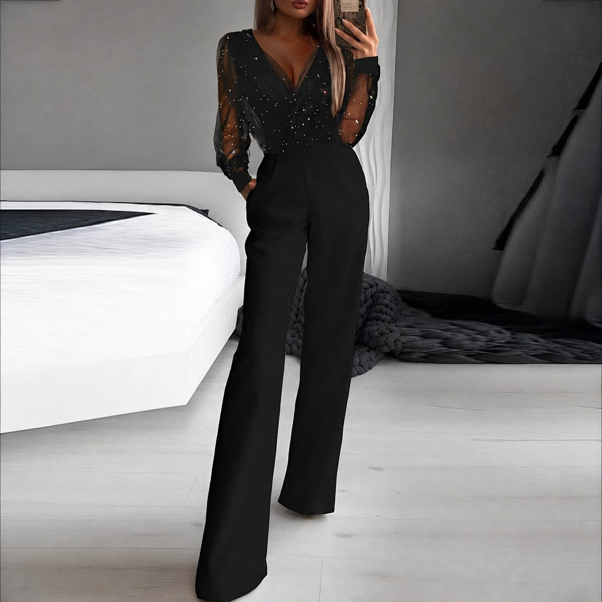 Catherina - Damen-Jumpsuit mit V-Ausschnitt und glänzendem Erscheinungsbild