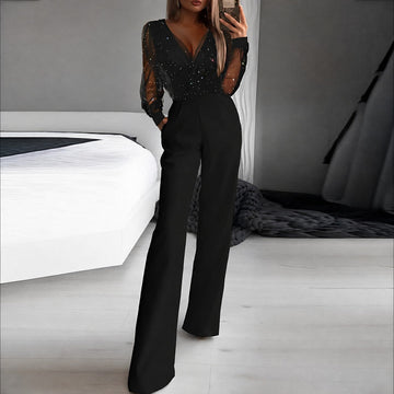 Catherina - Damen-Jumpsuit mit V-Ausschnitt und glänzendem Erscheinungsbild