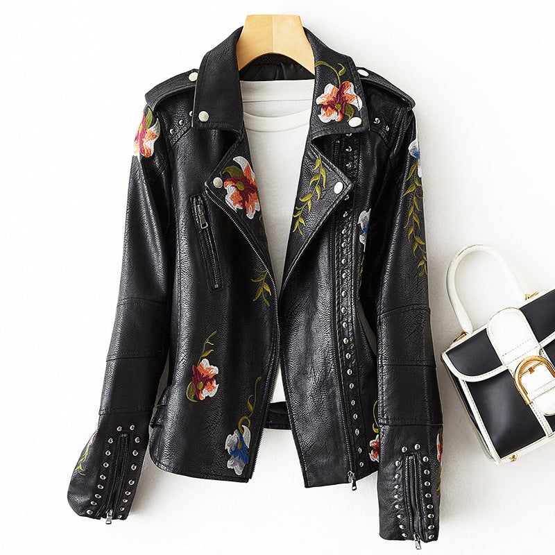 Damen Bikerjacke mit Blumenstickerei und Nieten-Details - Schmale Passform