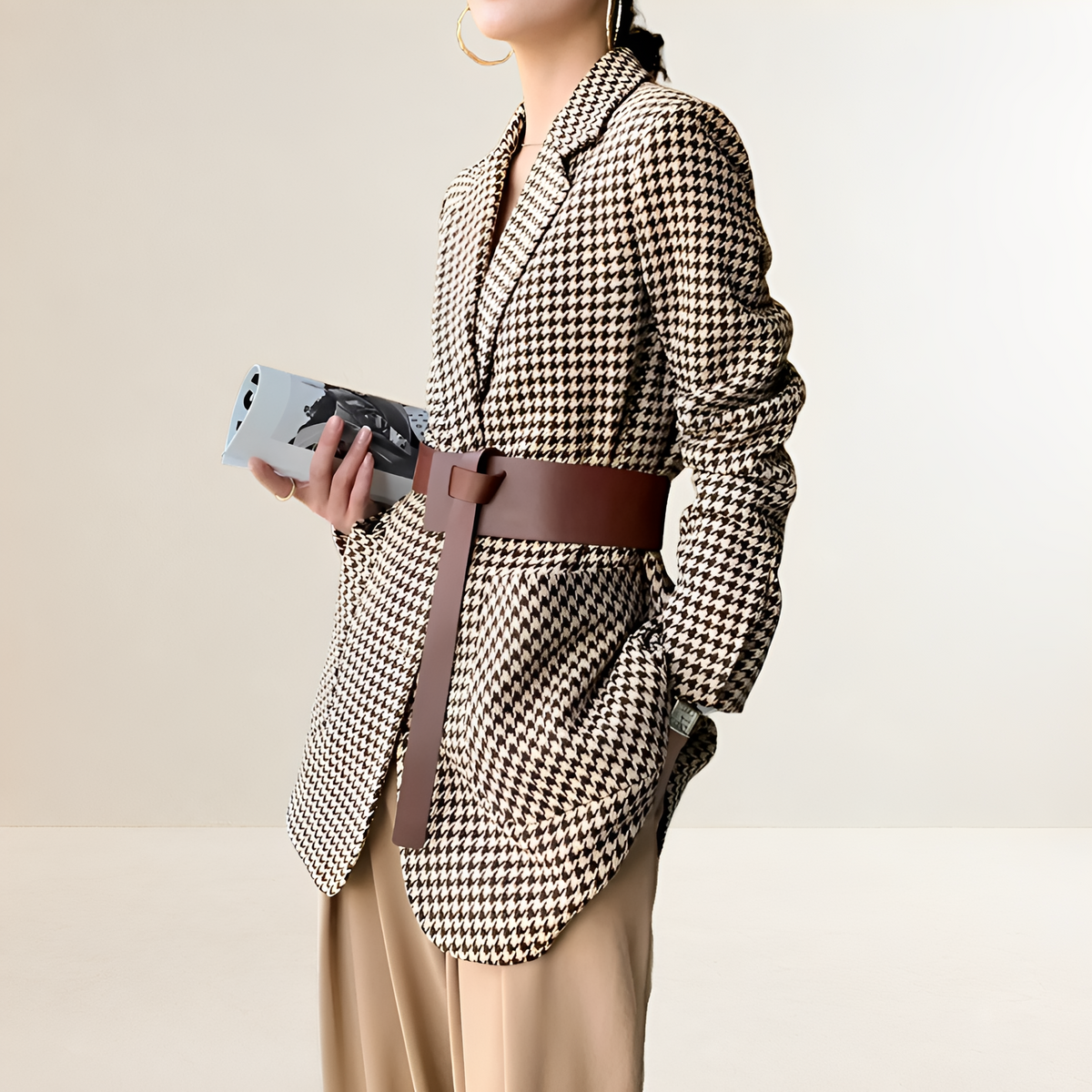 Damen Blazer Hahnentritt Muster Langarm Gürtel regulärer Schnitt