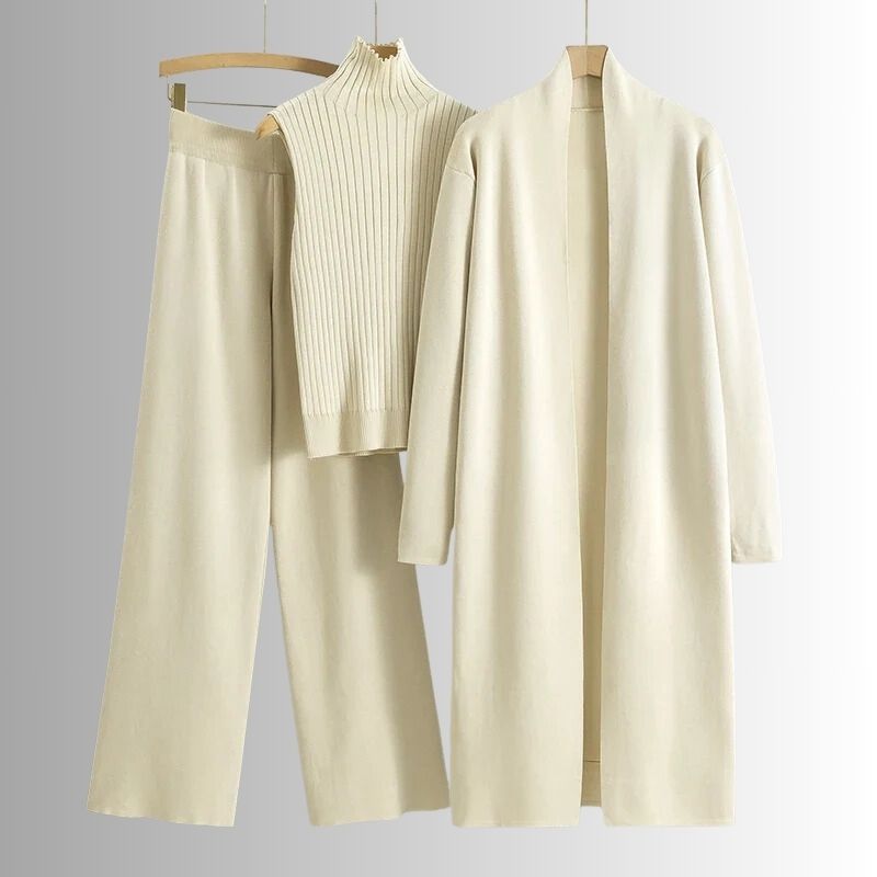 Damen Dreiteiler Set Relaxed Fit Rippoberteil und Weite-Hose mit Jacke