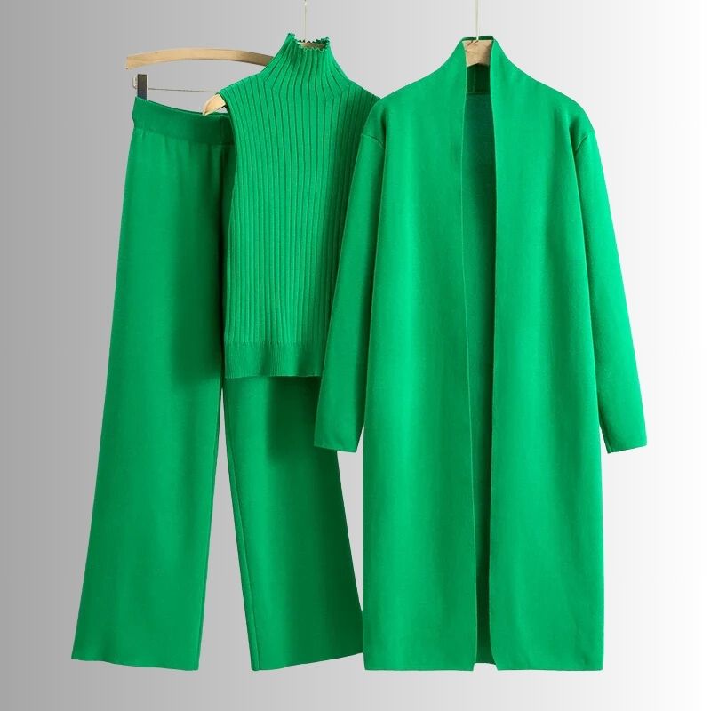 Damen Dreiteiler Set Relaxed Fit Rippoberteil und Weite-Hose mit Jacke