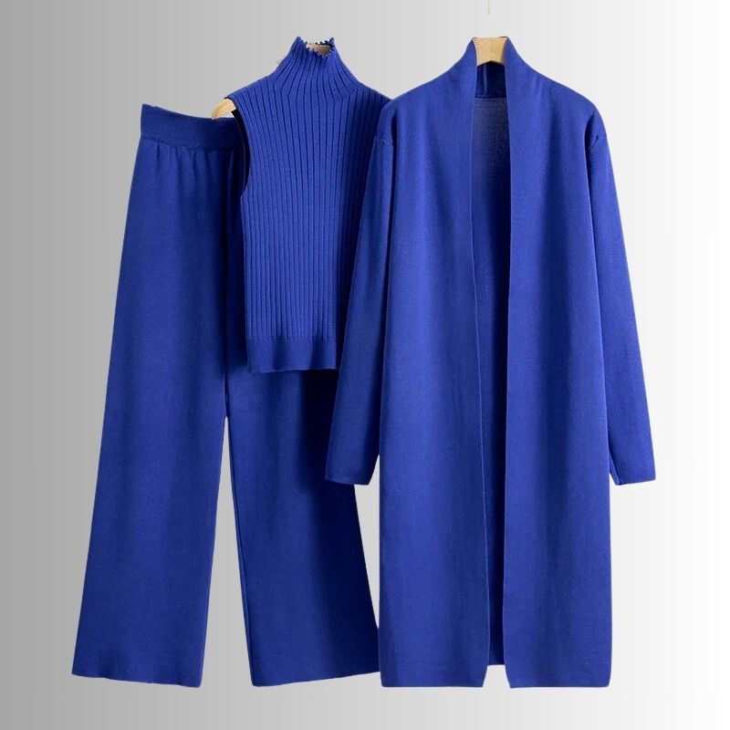 Damen Dreiteiler Set Relaxed Fit Rippoberteil und Weite-Hose mit Jacke