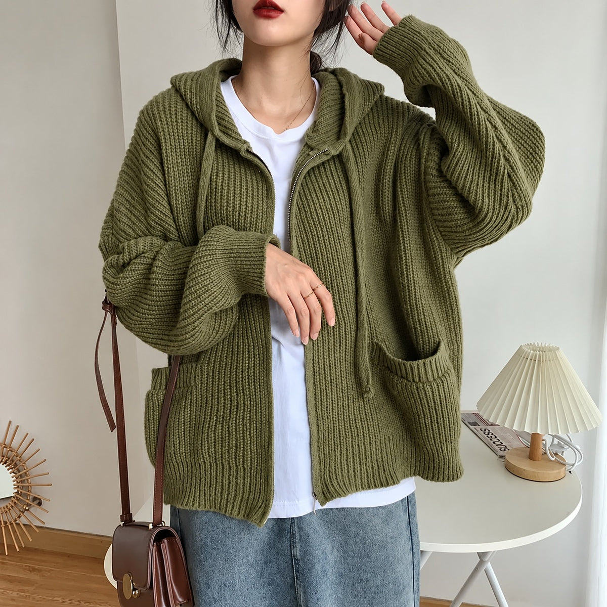 Damen Kapuzen Cardigan - Reißverschluss mit Taschen und oversized Schnitt