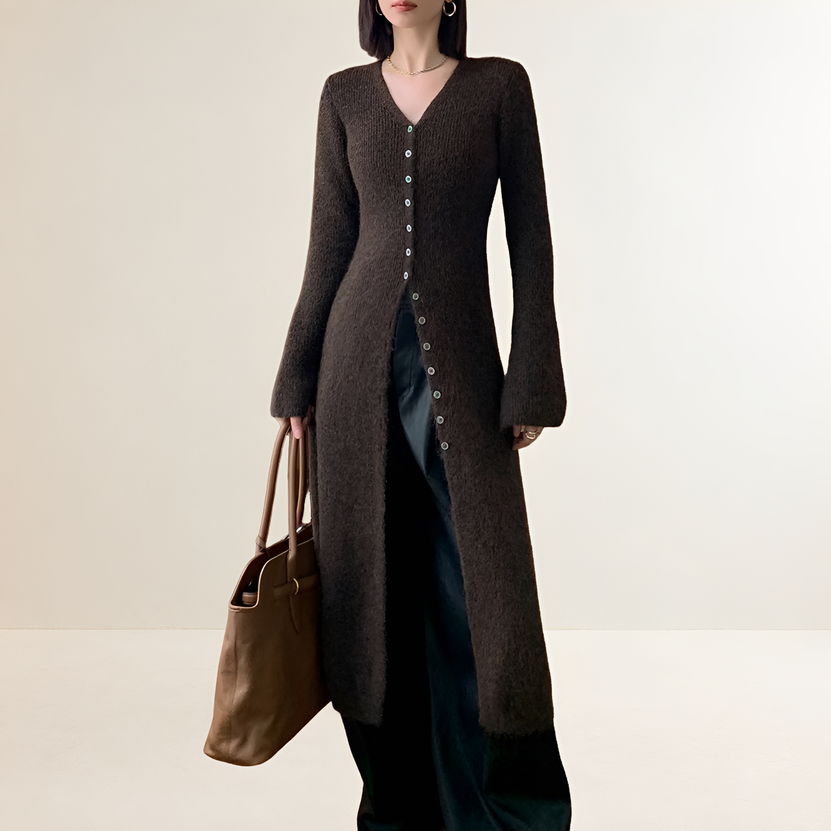 Damen Kleid V-Ausschnitt Knopfleiste Midi-Länge Lockere Passform