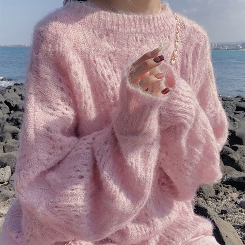 Damen Oversized Pullover mit Langarm und offenen Stickdetails
