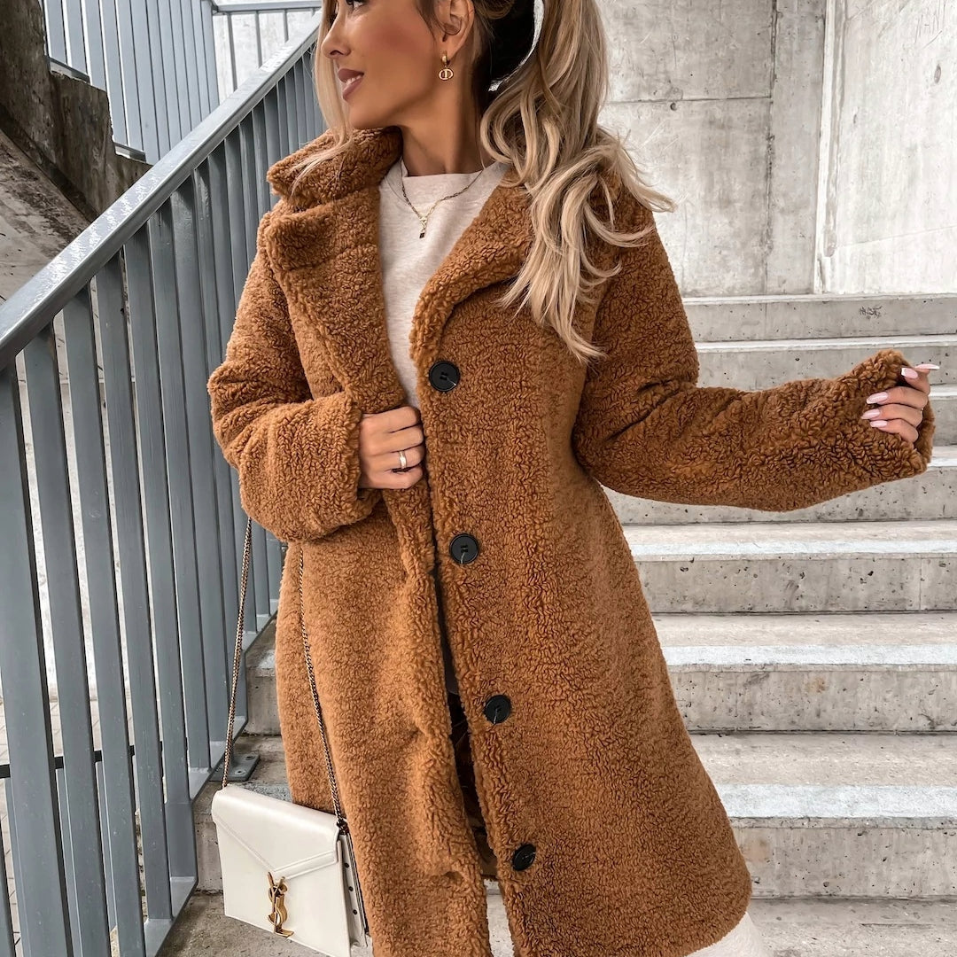 Damen Oversized Teddy Wollmantel - Knopfverschluss, Reverskragen, Relaxter Schnitt