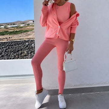 Damen Set aus Langarm-Cardigan mit Knopfleiste und enganliegenden Leggings