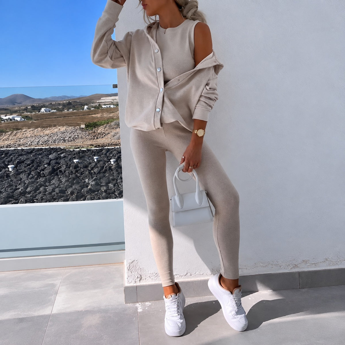 Damen Set aus Langarm-Cardigan mit Knopfleiste und enganliegenden Leggings