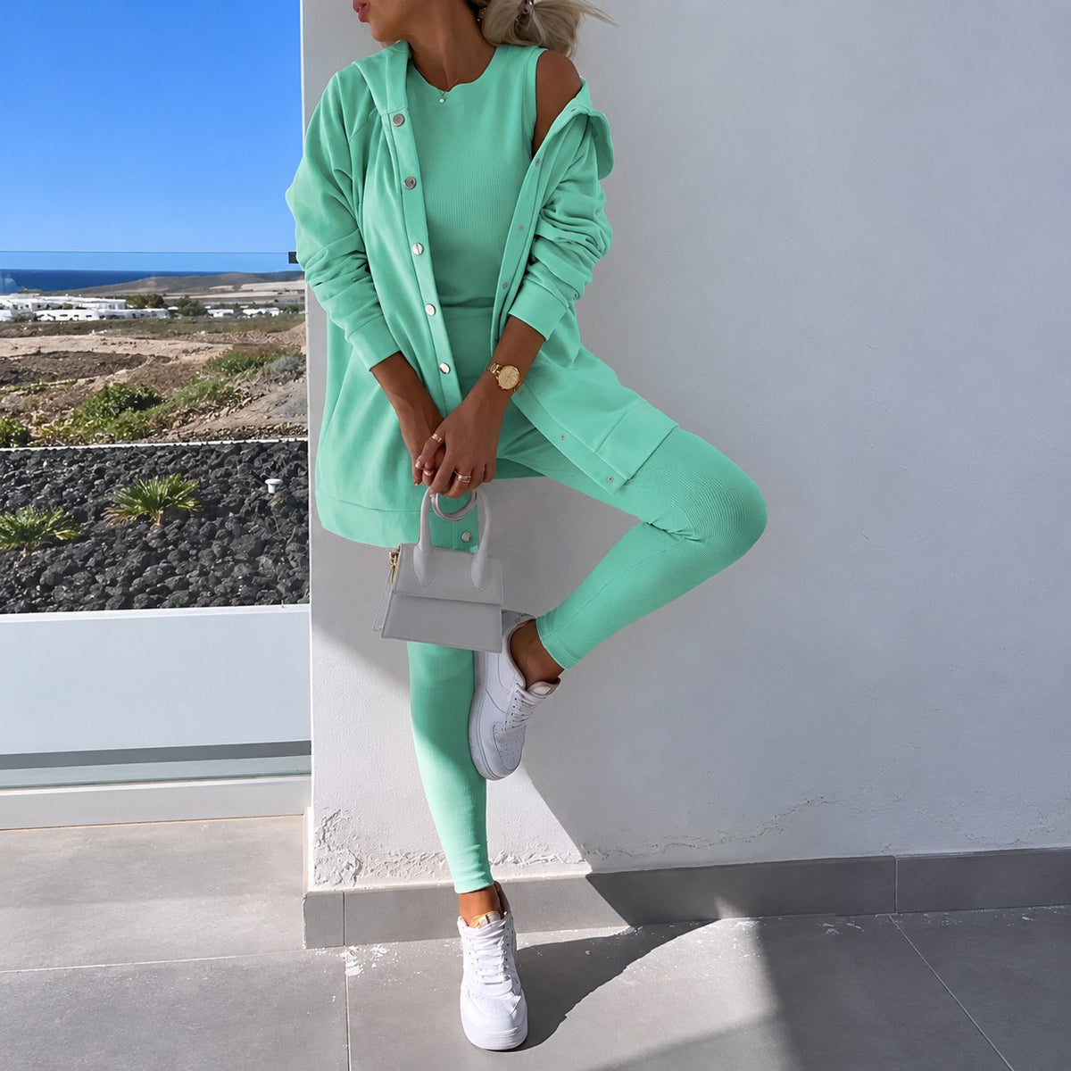 Damen Set aus Langarm-Cardigan mit Knopfleiste und enganliegenden Leggings
