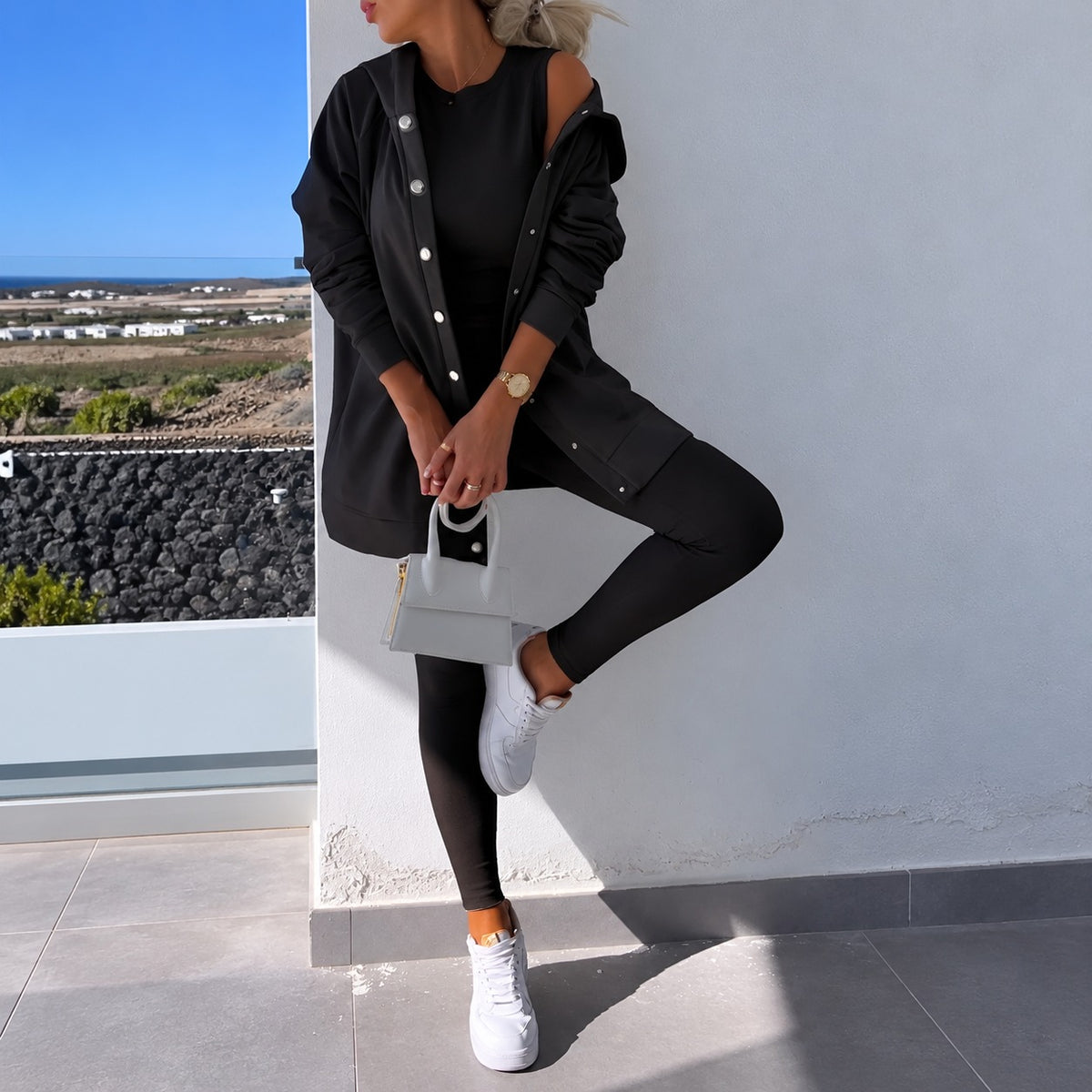Damen Set aus Langarm-Cardigan mit Knopfleiste und enganliegenden Leggings