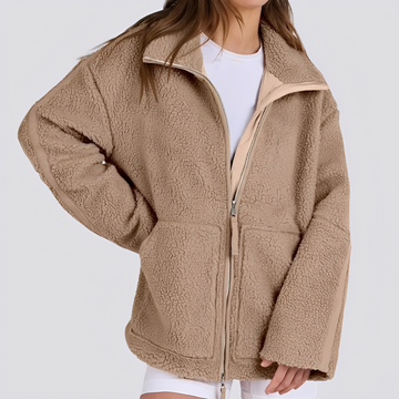 Damen Teddy Jacke - Oversized Fit mit Reißverschluss und Taschen