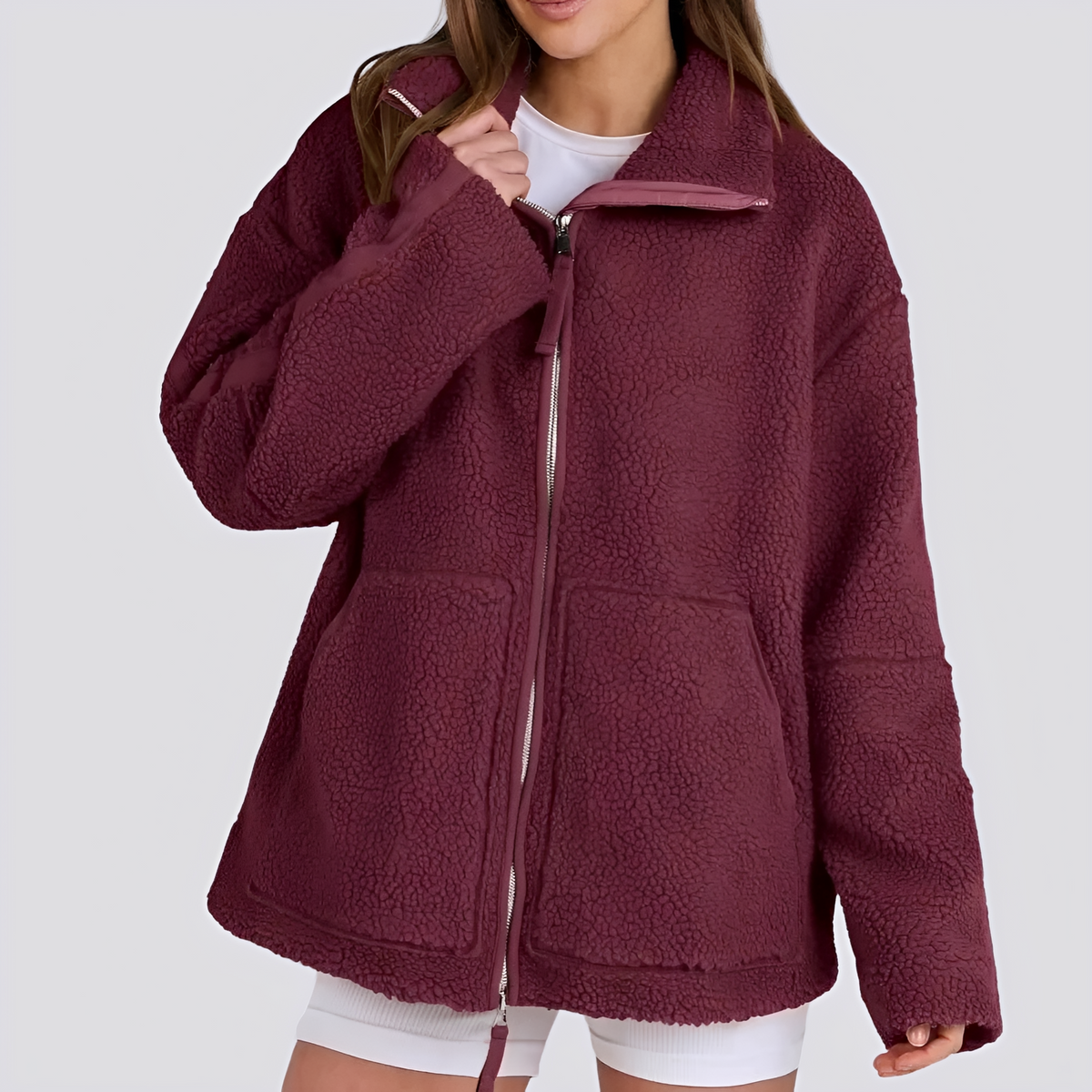 Damen Teddy Jacke - Oversized Fit mit Reißverschluss und Taschen