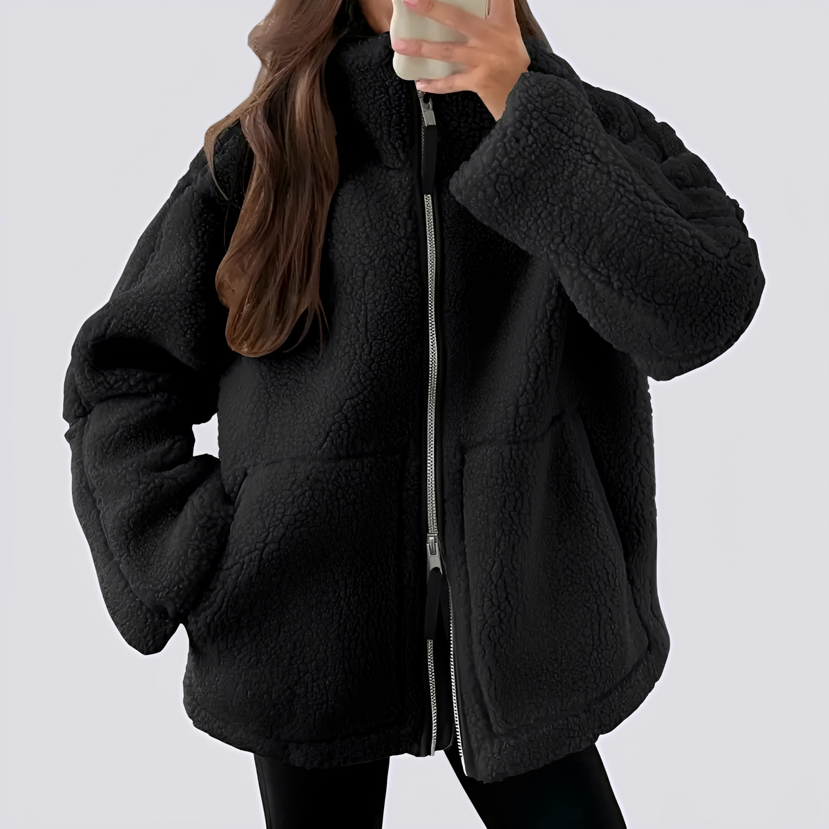 Damen Teddy Jacke - Oversized Fit mit Reißverschluss und Taschen