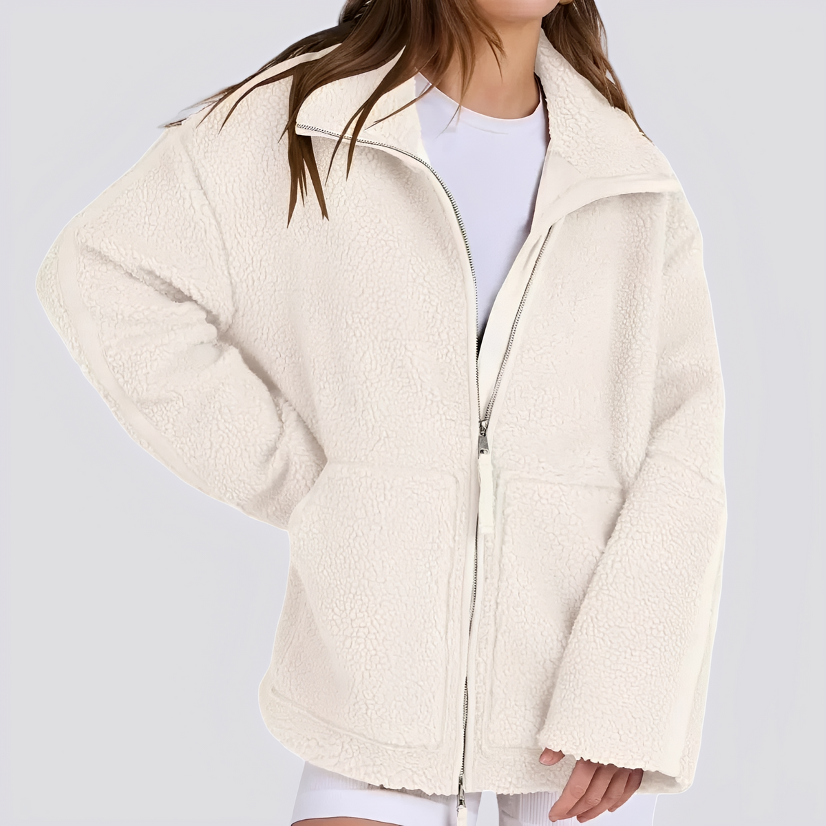 Damen Teddy Jacke - Oversized Fit mit Reißverschluss und Taschen