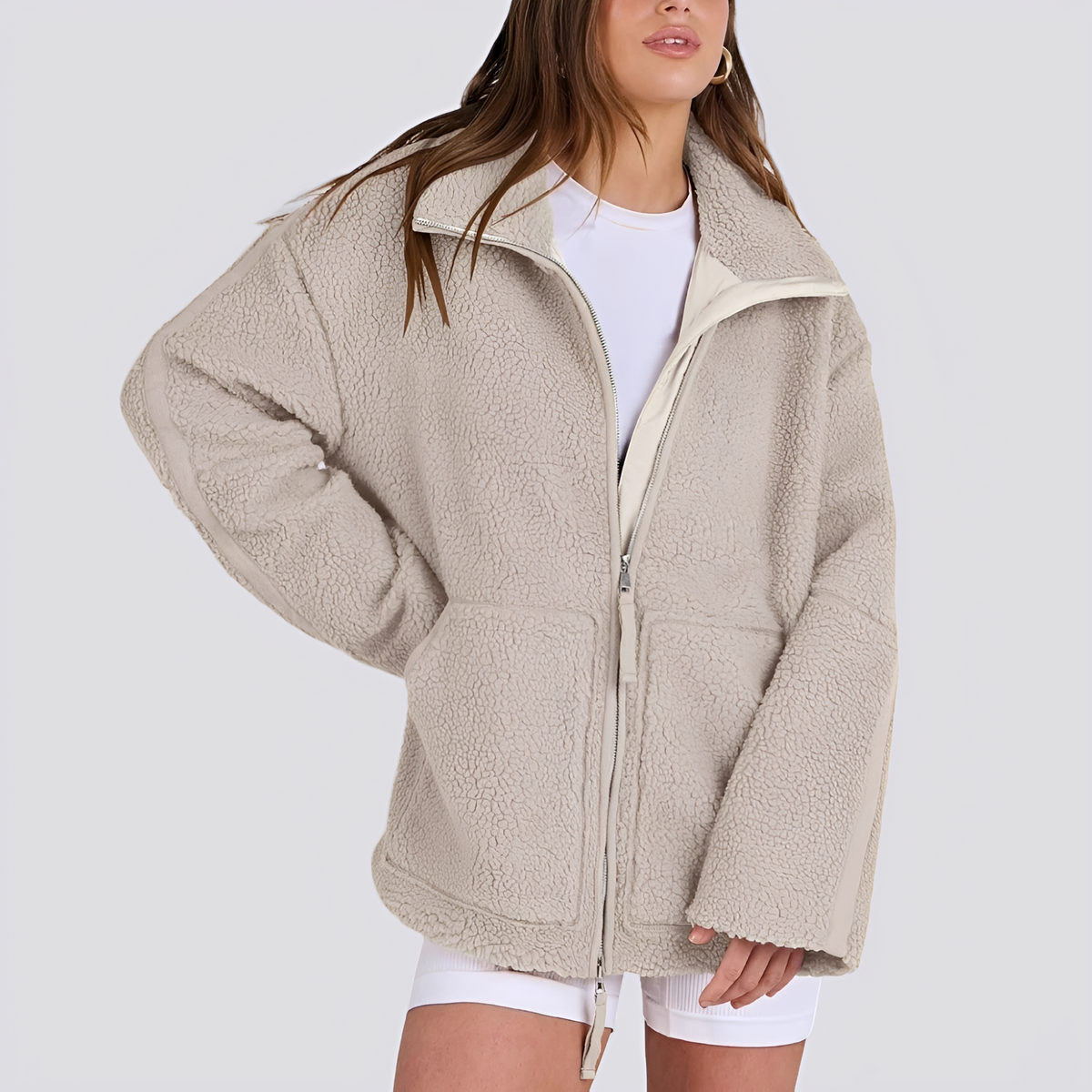 Damen Teddy Jacke - Oversized Fit mit Reißverschluss und Taschen