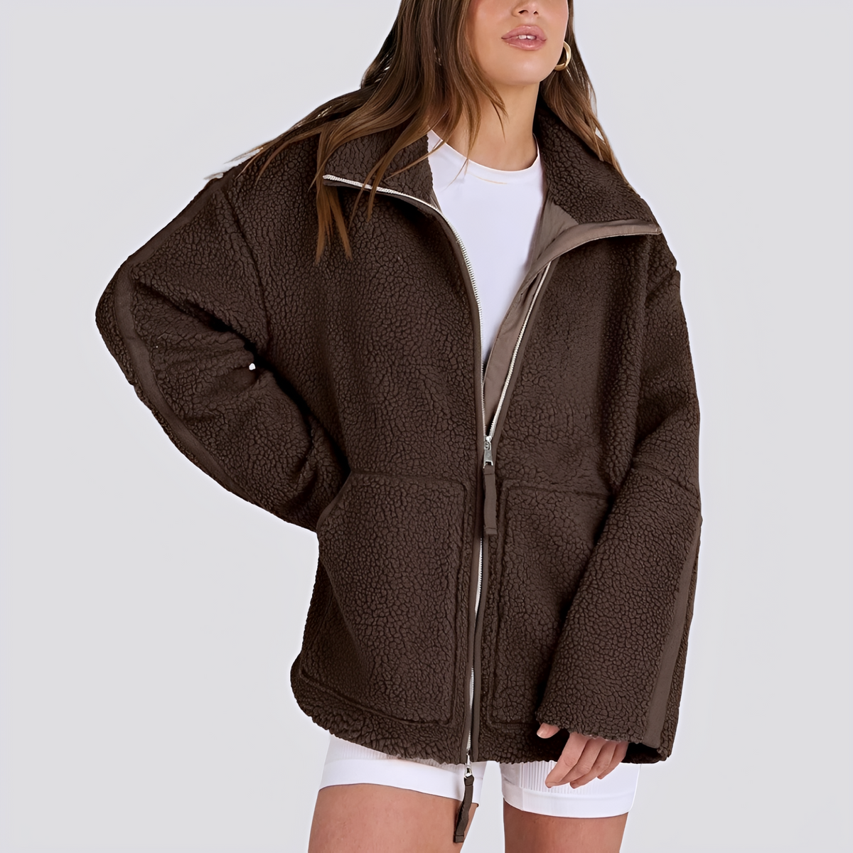 Damen Teddy Jacke - Oversized Fit mit Reißverschluss und Taschen