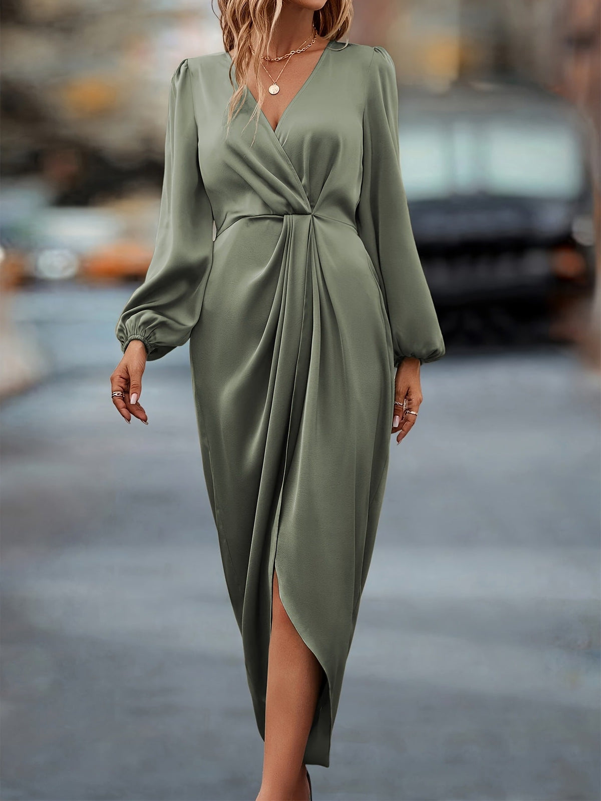 Damen Wickelkleid Midi mit langen Ärmeln V-Ausschnitt Drapierung - elegante Passform