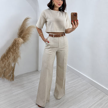 Damen Zweiteiler Anzug - Cropped Top und hoch taillierte Weite-Hose
