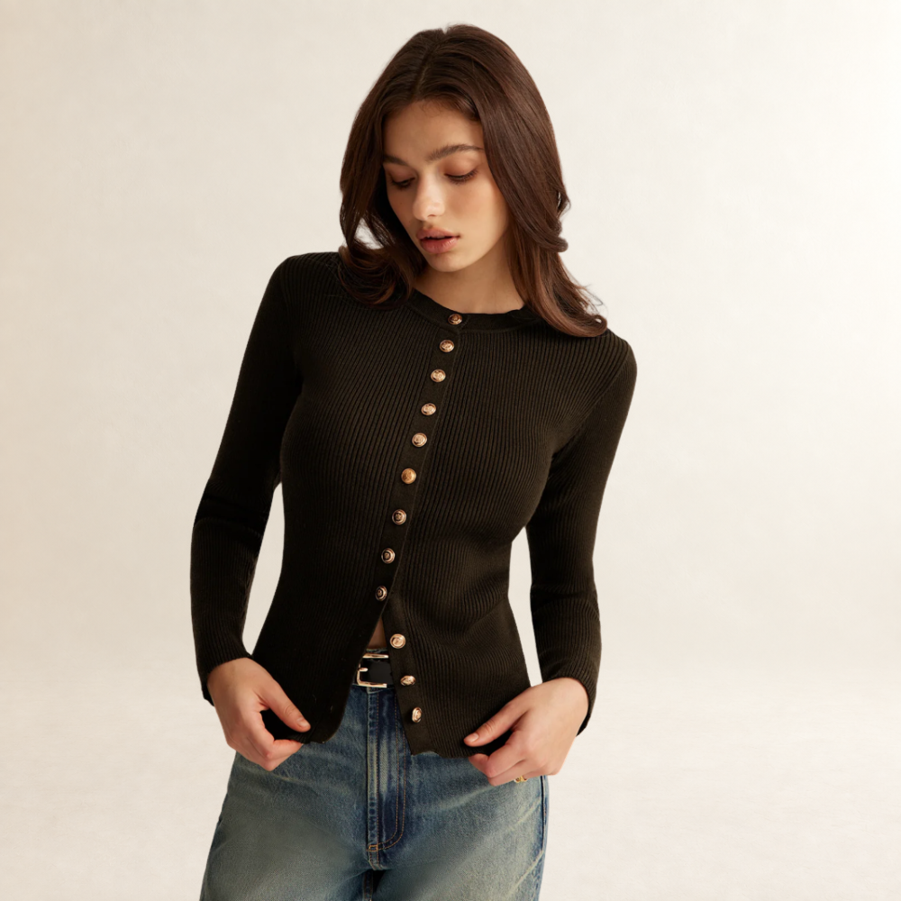 Damentaille Langarm Bluse mit Knopfleiste, enger Passform und Rippenstruktur