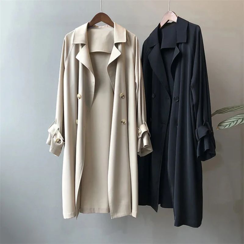 Damentrenchcoat Doppelknopf mit Knopfdetails und Gürtelärmeln