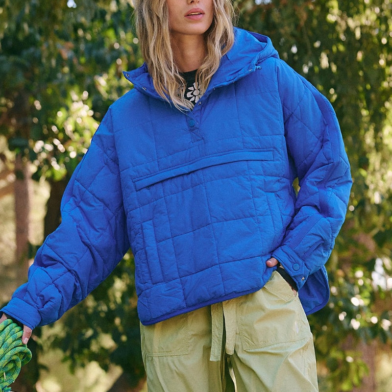 Damentrenchcoat Pullover Pufferjacke mit Kapuze und Knopfleiste