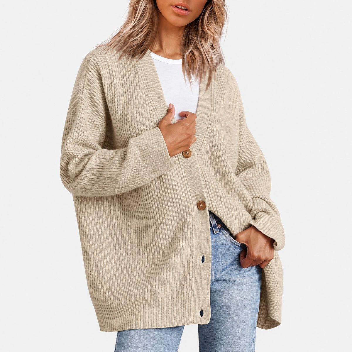 Damentunika mit V-Ausschnitt und Knopfleiste im Oversized Schnitt