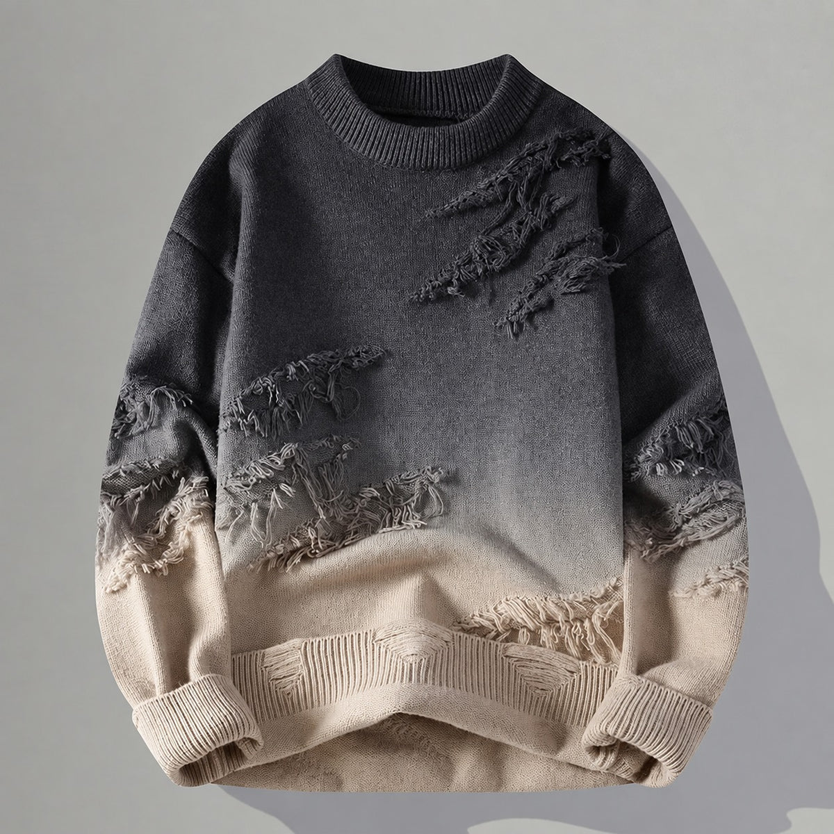 Herren Oversized Pullover - Tonaler Farbverlauf mit Fransen-Details