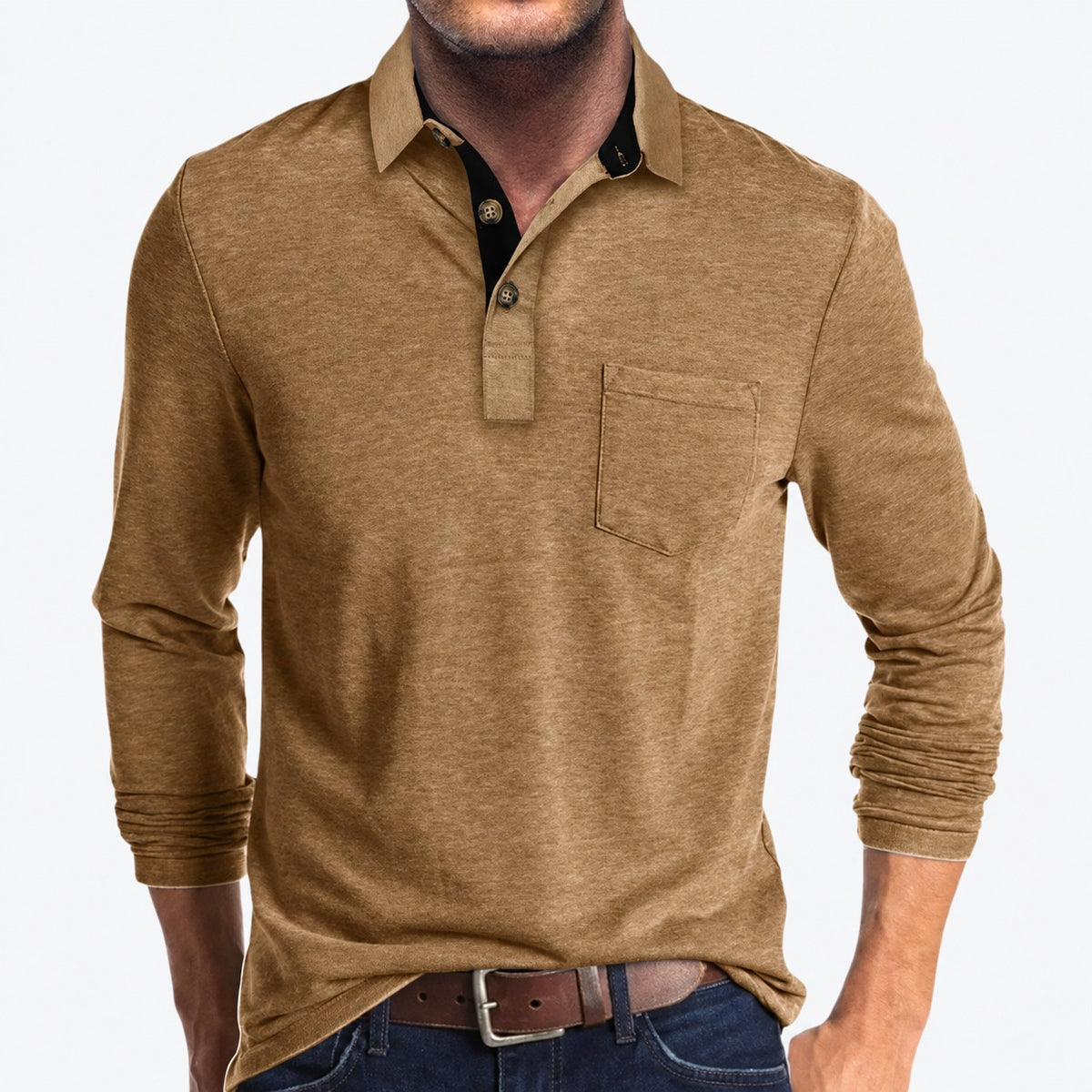 Herren Polo mit Langarm, klassische Knopfleiste, Brusttasche, taillierte Passform