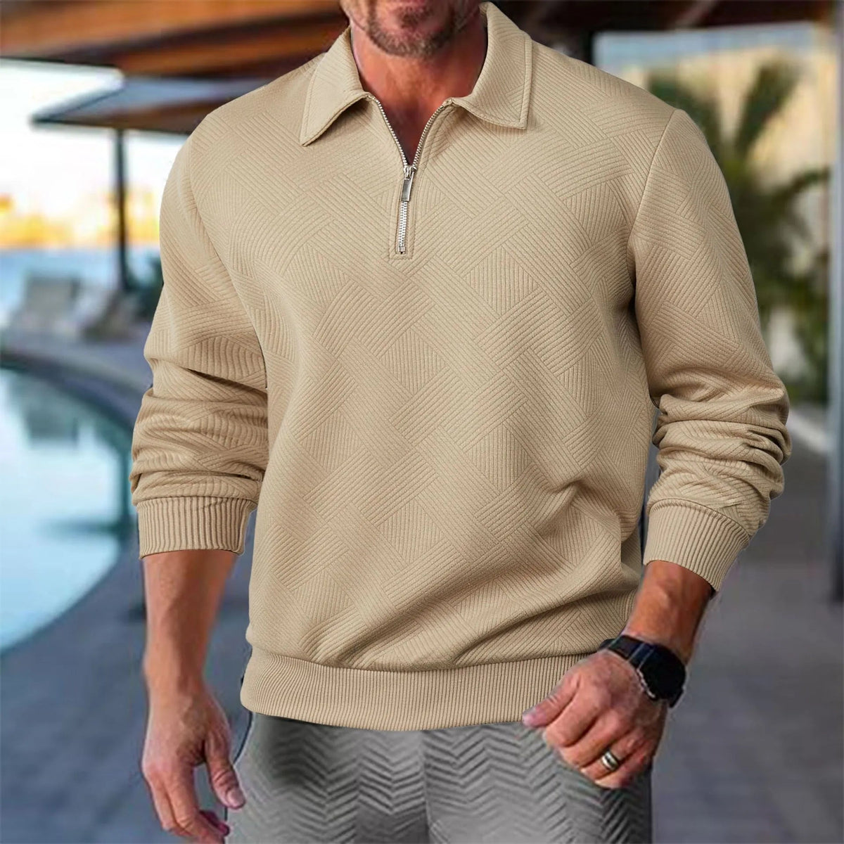 Herren Pullover mit Stehkragen und Reißverschluss - Geometrisches Muster, Relaxed Fit