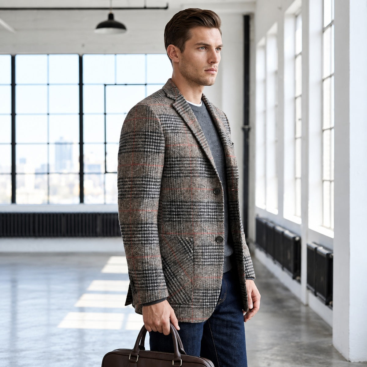 Herren Sakko mit Glen-Check-Muster, lockerer Schnitt, Soft-Shoulder-Design